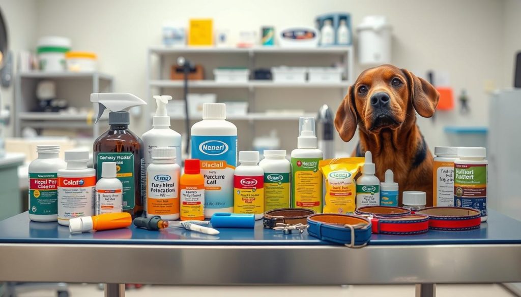Various parasite prevention products for pets displayed during first vet visit