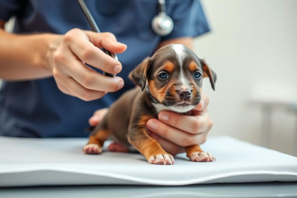 Veterinarian checking puppy's heartbeat during first vet visit Veterinarian checking puppy's heartbeat during first vet visit